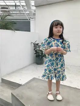 

Wholesale Korea 2020 Summer new Girls Dress Blue Floral Chiffon Short Sleeve Thin Dress Baby Clothes E7269