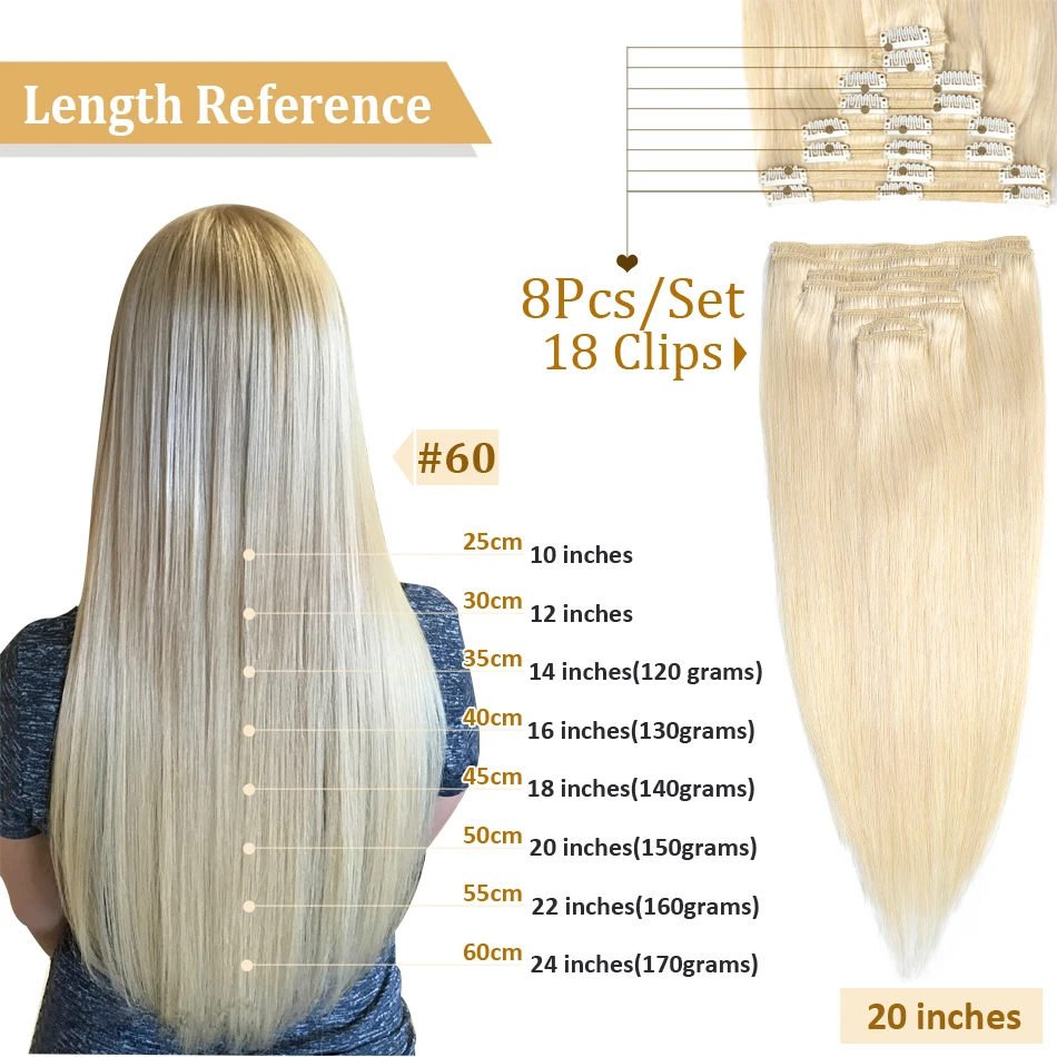 MRSHAIR 8pcs/Set Clip In Human Hair Extensions 18" 20" 22" Full Head Brazilian Hair Clip In Hair Extensions Straight Blonde