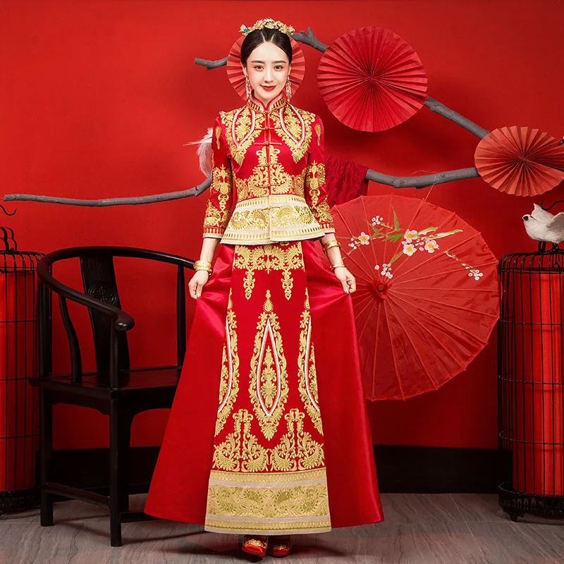 Горный хрусталь ручной работы Женская Вышивка цветок изысканный Cheongsam свадебный подарок древняя невеста свадебное платье китайское Qipao