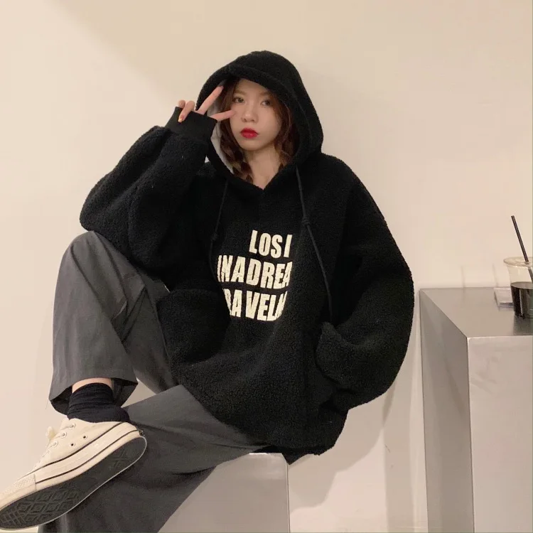 PX3382 2020 new lamb wool hooded loose letters