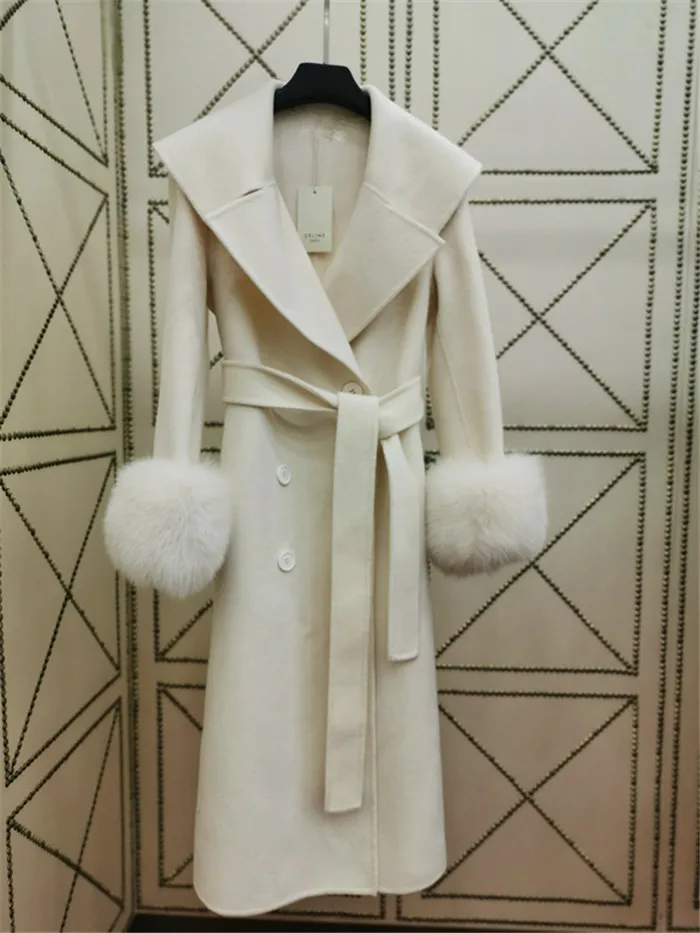Высокое качество Элегантный тонкий костюм воротник кашемировое пальто для женщин натуральный Лисий Мех Манжеты двухстороннее шерстяное пальто для женщин - Цвет: Бежевый