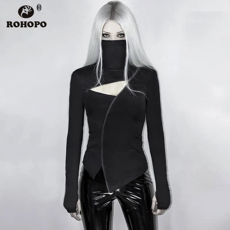 

ROHOPO Gothic Turtle-neck Top Hollow Gradient Zipper Long Sleeve Dark Black Tee Shirt Slim Autumn Punk Girl Bodycon Tee #92260