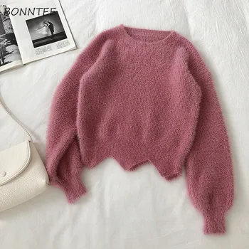

Pullovers Women Solid Simple O-Neck Irregular Korean Style Fashion Autumn High Quality Knitted Streetwear All-match Womens Daily
