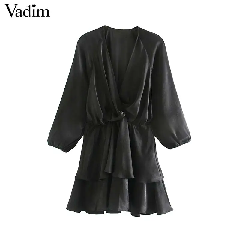 Vadim женское шикарное Черное мини-платье с рюшами, v-образный вырез, эластичная талия, длинный рукав, вечерние, Клубные, модные, повседневные платья, vestidos QD054