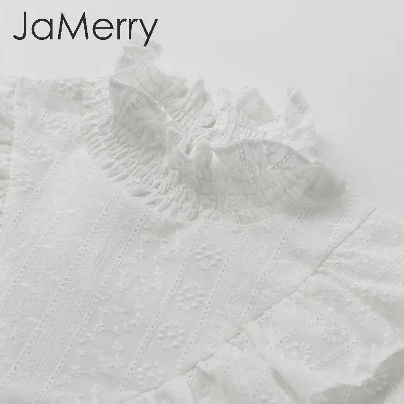 JaMerry, элегантная хлопковая блузка с оборками, женская, стоячая шея, вышивка, женские осенние топы, рубашки с длинным рукавом, офисные женские белые топы