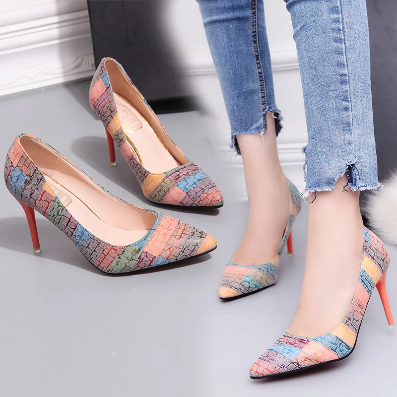 

2017 Autumn New Style Semi-high Heeled Thin Heeled Pointed-Toe Work Shoes Foot Covering Fashion Sexy Rainbow-colored High-Heel W