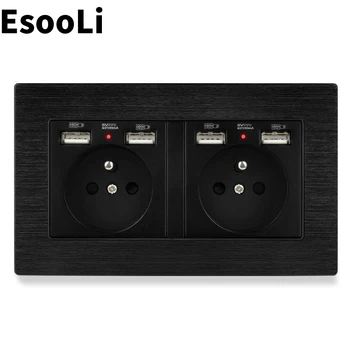 

Esooli Black French Standard Wall Socket With 4 USB Charge Port For Mobile Phone Hidden Soft LED Indicator Black Aluminum Panel