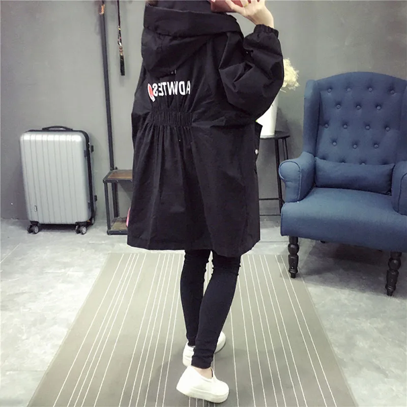 

NORMOV Fashion Letter Print Women Trench Hooded Long Sleeve With Button Zipper Pockets Drawstring Polyester Wide Waisted Trench
