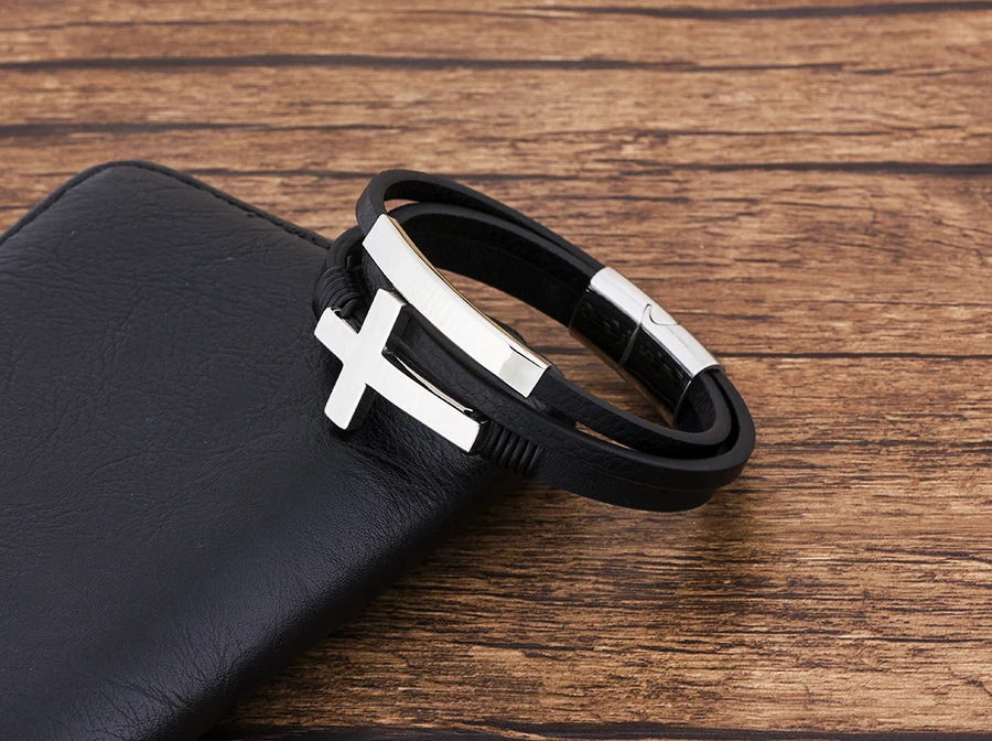 Модный дизайнерский Панк Магнитный черный мужской браслет из натуральной кожи с крестом, ювелирные изделия из рук Иисуса,, аксессуары из веревки