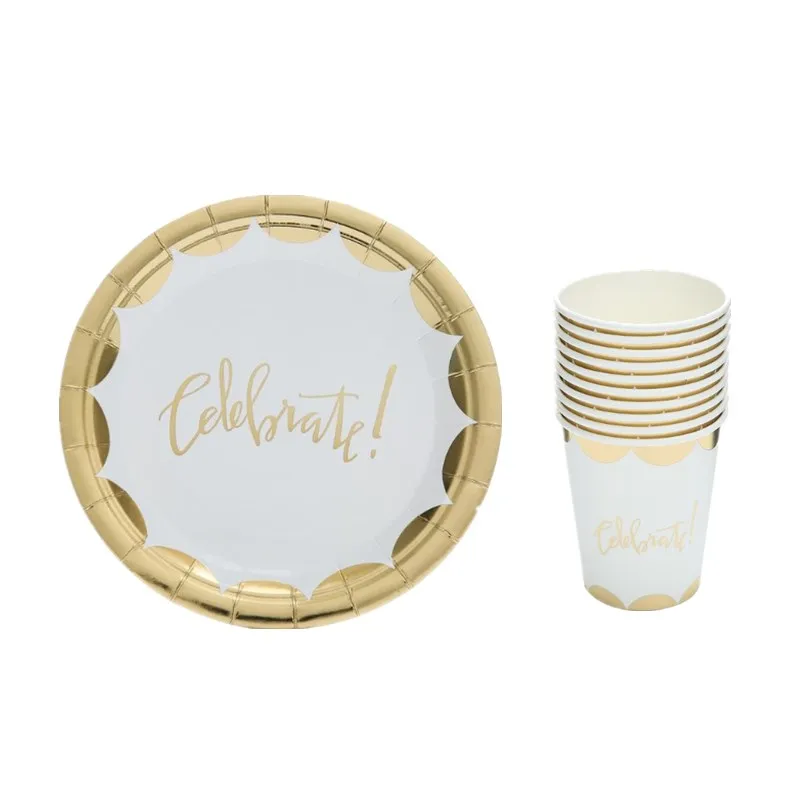 20pcs/set Gold Blocking Celebrate Disposable Tableware Set Paper Plates Cups Straws Party Wedding Carnival Tableware Supplies