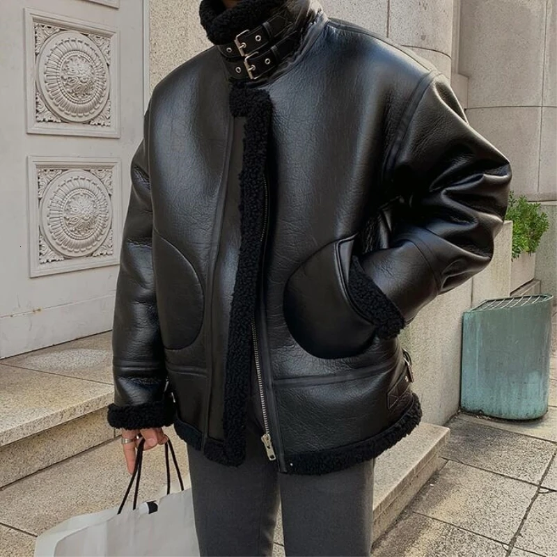 Зимняя мотоциклетная одежда из овечьей шерсти, Мужская Корейская версия красивой кожаной утепленной куртки черного/бежевого M-XL