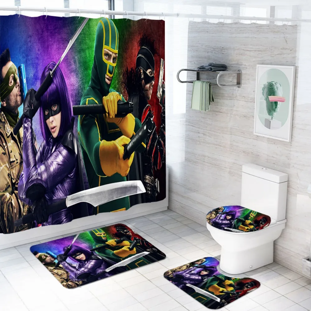 3D принт Kick-Ass 2 набор занавесок для душа с нескользящей коврики для туалета крышка для ванной коврик и Бесплатные Крючки водонепроницаемый набор занавесок для душа