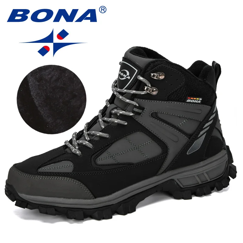 BONA/зимние кожаные мужские походные ботинки; Плюшевые Теплые уличные зимние ботинки для альпинизма; модная Нескользящая спортивная обувь для путешествий - Цвет: Charcoal grey S gray