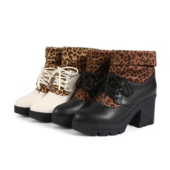 

2019 New Woman's High Heels boots Pu Shoes woman Leopard print Round head cross lacing fashion Women's Winter boots Size 34-43