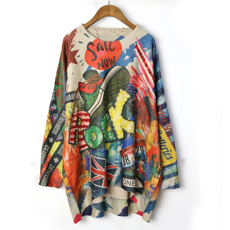 

Ozhouzhan 2019 Autumn New Products Street Hiphop Cool Graffiti Printed Handmade Sequin Loose-Fit Knitted Sweater