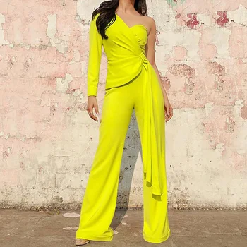 

Elegant One Shoulder Jumpsuit for Women Solid Twised Waist Long Rompers Womens Jumpsuit Elegant Party Sashes Wide Leg Jumpsuits