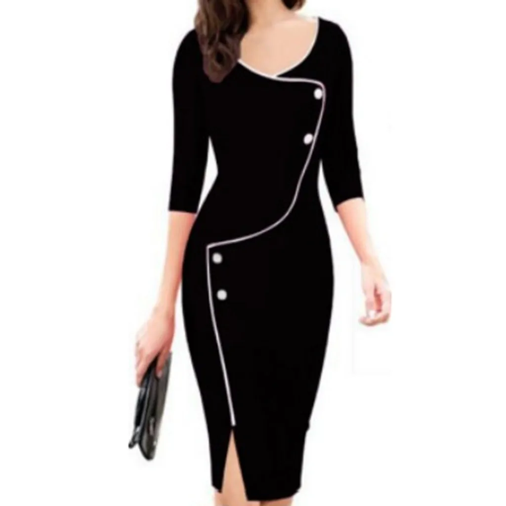 Женское осенне-зимнее Повседневное платье-карандаш с v-образным вырезом и рукавом в семь точек, vestidos mujer Invierno, элегантное женское платье - Цвет: Black