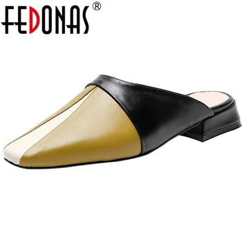 

FEDONAS Women Cow Genuine Leather Thick Heels Pumps Buckle Concise Sandals Flat Slippers Mules Classic Summer Sweet Shoes Woman
