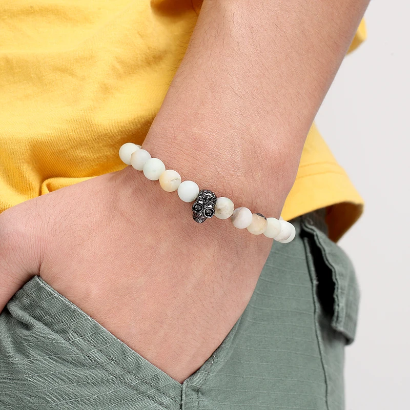 LIVVY Punk double skull design bead bracelet 4 color natural stone beaded bracelet men's bicycle bracelet jewelry