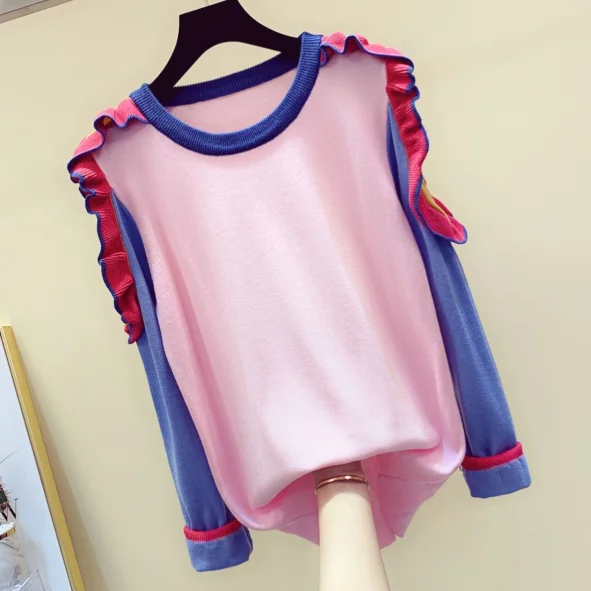 Shoulderless Sweater Women Spring Autumn Sweaters Lotus Leaf Edge Long Sleeve Knitted Shirt Girls Ladies Pull Femme Jumper | Женская