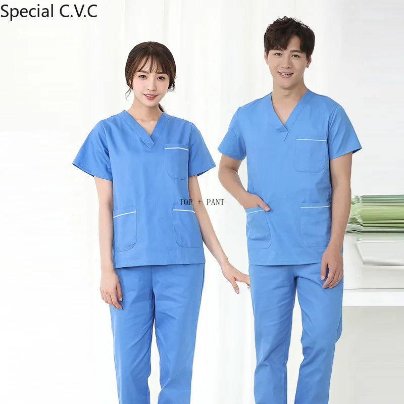 Men's Scrub Set Short Sleeved V-collar Top + Elastic Pants Pure Cotton Surgery Scrubs Color Blocking Design Medical Uniforms