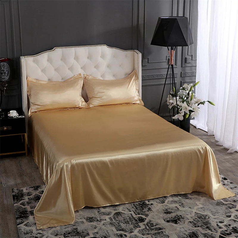 Liv-Esthete Luxury Silk White Flat Sheet Soft Pillowcase Bed Linen Christmas Gift Double Queen King Bed Sheet Healthy Sleep