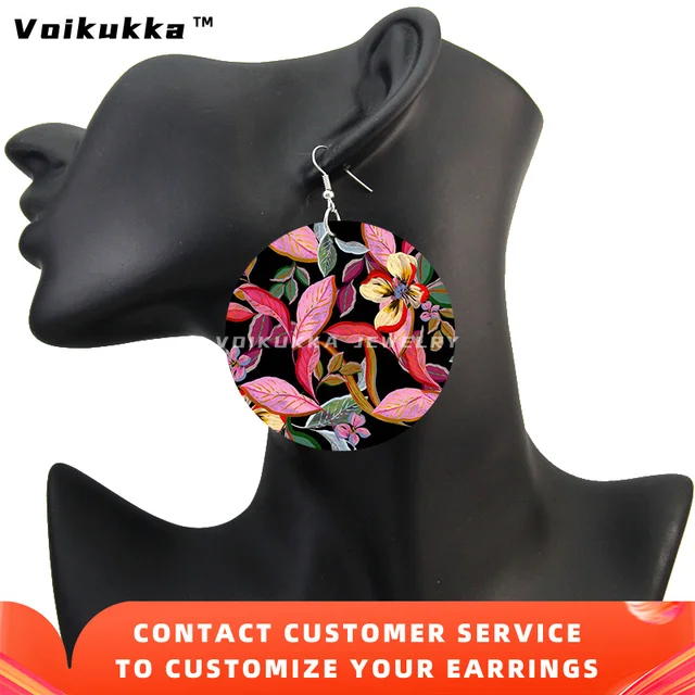 Voikukka Jewelry Hot Sale 6 CM Circle Both Sides Printing A Painted Floral Pattern Wooden Drop Dangle Women Earrings For Gifts Both Sides Print 1