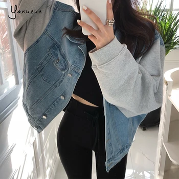 

Yanueun Autumn Winter Women's Denim Jackets Patchwork Turn-down Collar Stylish Outerwear High Street Fashionable Jeans Jackets