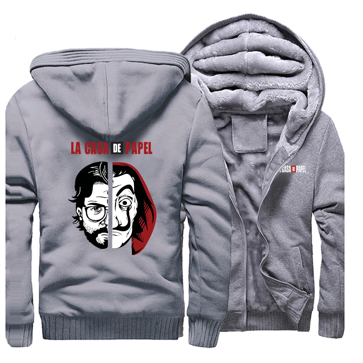 La Casa De Papel, Ретро стиль, с принтом ужасов, с капюшоном, сохраняет тепло, зима, новинка, куртка, толстовка, мужские модные куртки, забавное свободное худи - Цвет: Gray