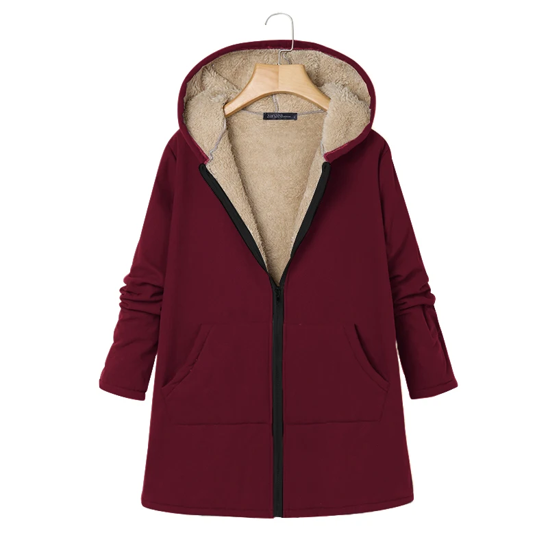Wine Red ZANZEA, женские пальто, куртки, осень, Повседневная теплая верхняя одежда, зимняя, Chaqueta Mujer, флисовые меховые куртки с капюшоном и карманами, пальто 7 - Цвет: Wine Red