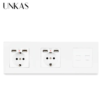 

UNKAS Plastic Panel Double EU Standard Socket + 4 USB Charging Port Computer Connector With Internet Computer Data RJ45 CAT5E