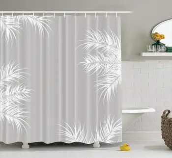 

Light Gray Shower Curtain Tropical with White Palm Leaves and Plants on Grey Waterproof Polyester Fabric Bathroom Shower Curtain