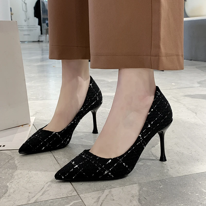 

Woven Cloth Plaid High Heel Shoes Women 2020 Spring Elegant Pointed Toe Women Pumps 8 Cm Stiletto Heel Office Ladies Shoes