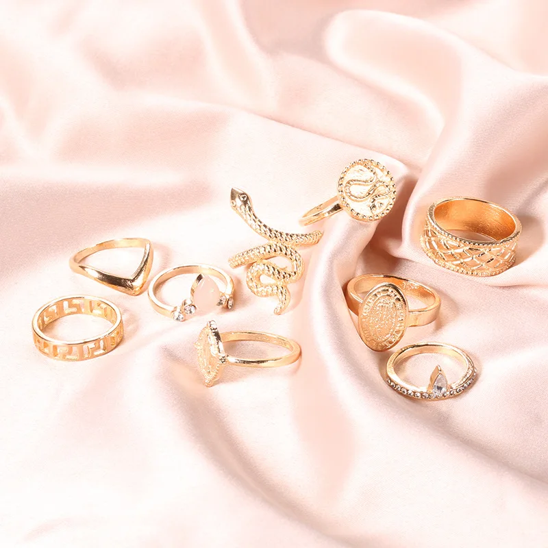 Новое модное винтажное Золотое кольцо в форме животных, гипербола, 10 шт./компл., для женщин, вечерние кольца в Подарок на годовщину, ювелирные изделия