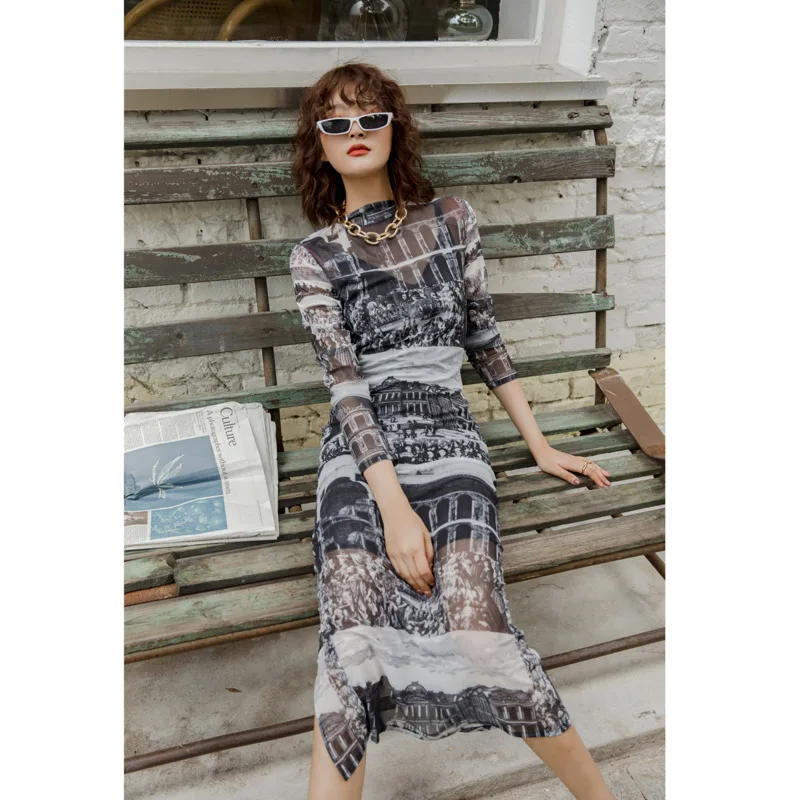 

Korea 2020 Long See Through Dress Long Sleeve Print Turtleneck Sheer Dress Slim Ladies Tight Dress Autumn Underwear Women Z088
