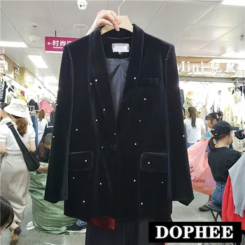 

Europe 2019 New Autumn Lady's Retro Water Drill Gold Velvet Blazer Coat Slim Waist Women Fashion Black Suit Jacket Outfits