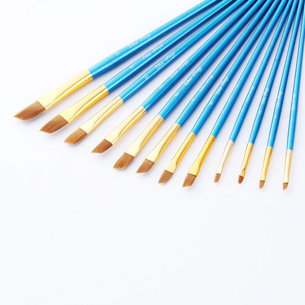 12 Artist Watercolor Painting Brushes Brush Oil Acrylic Flat&Tip Paint Kit