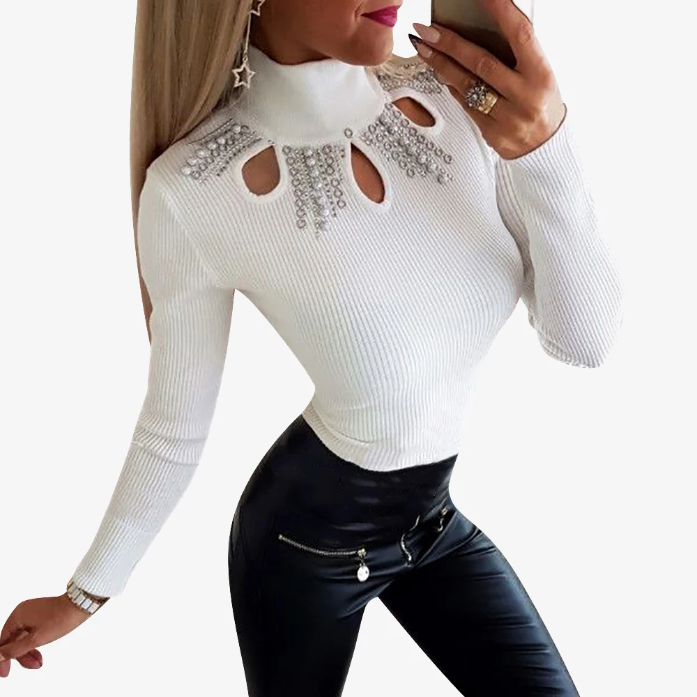 New 2021 Autumn Cut out Women Pearl Beading Knit Sweater Turtleneck Long Sleeve Slim Women Knit Sweater and Pullover Jumper D30 2