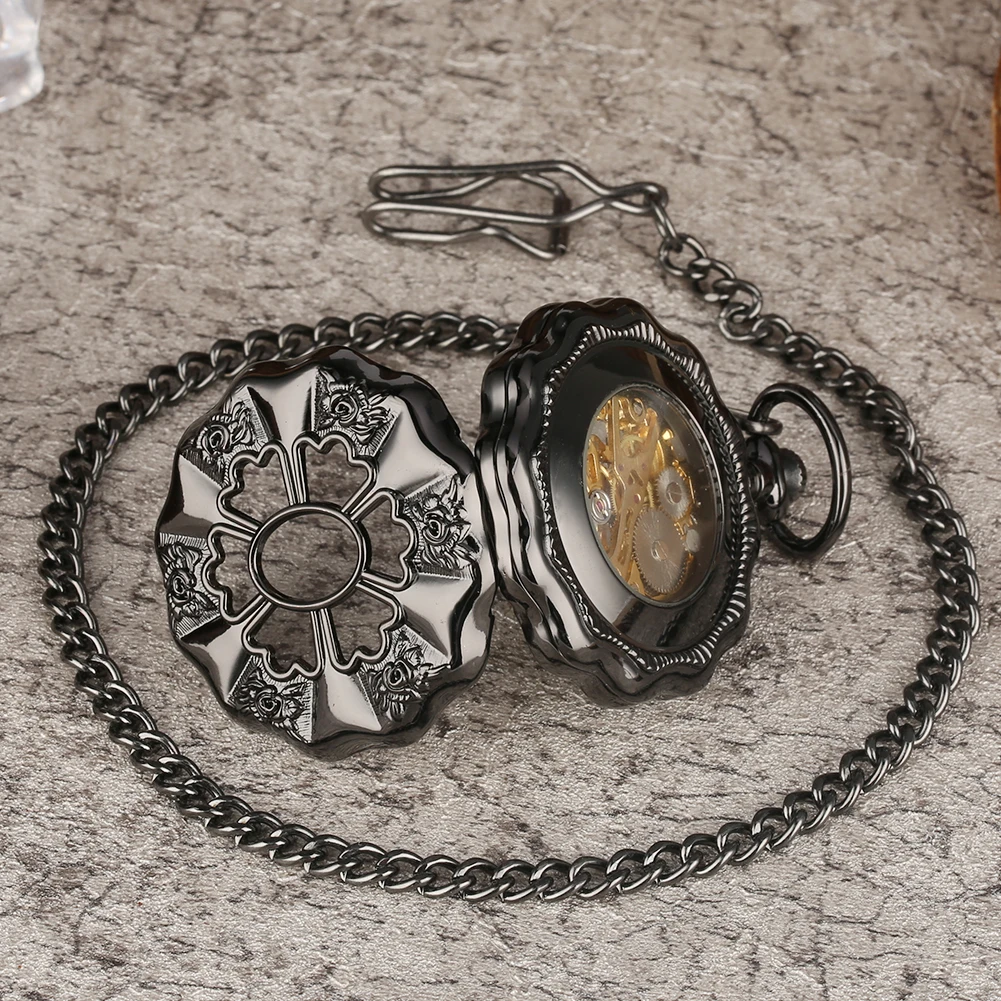 Antique Black Pumpkin Mechanical Pocket Watch Pendant FOB Chain Watches Skeleton Hand Wind Clock Steampunk Reloj De Bolsillo
