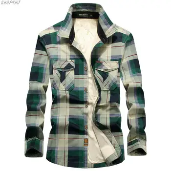 

Men 100% Cotton Liner Casual Long Sleeve Shirts Outerwear Thick Warm Autumn Shirt Chemise Homme New Winter Plaid Fleece Shirt