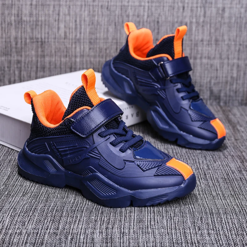 Blue orange Зимние кожаные спортивные кроссовки для мальчиков, Лоскутная подошва MD, Молодежная мужская обувь, кроссовки для больших детей, кроссовки для мальчиков размера плюс 28-40 - Цвет: Blue orange