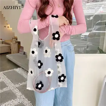 

Classic Texture Women Organza Flower Handbag Summer Creative Design Chic Leisure Daisy Mesh Totes Female Travel Beach Bags