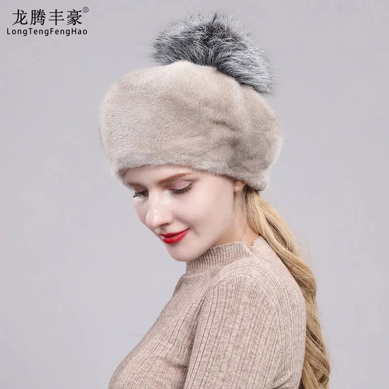 

Новая Кожаная шапка из натурального меха норки, зимний женский берет, элегантные новые модные модели, плотная теплая шапка из лисьего меха с помпоном