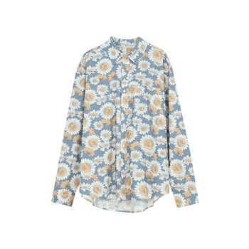 

New Men Spring Chrysanthemum Pattern Casual Long Sleeve Shirts Korea Japan Style Male Vintage Fashion Loose Dress Shirt