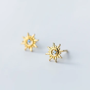 

925 Sterling Silver Cute Sun with Small Blue Cubic Zirconia Stone Studs Earrings Gold Color Earings Jewelry for Women