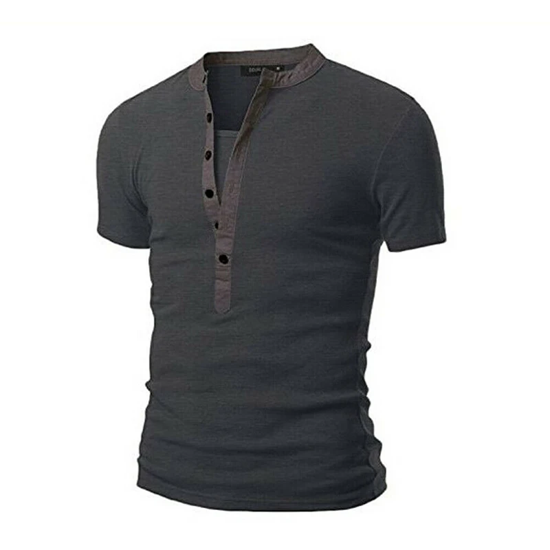Мужская облегающая футболка с v-образным вырезом и коротким рукавом, Повседневная футболка на пуговицах со стоячим воротником, модные однотонные топы, обтягивающие футболки