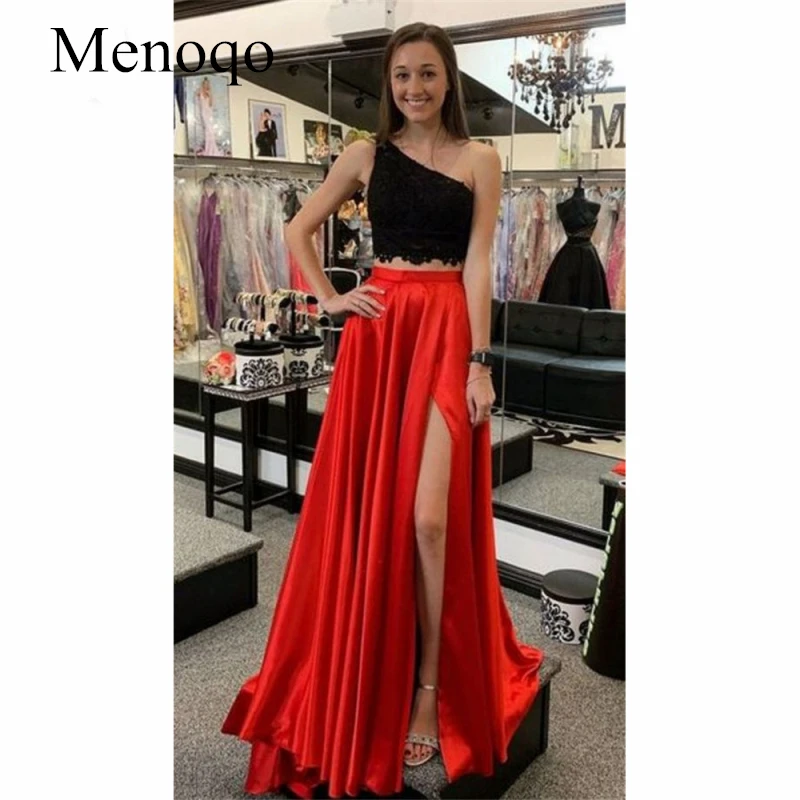 Вечернее платье с одним плечом из двух частей; атласное платье; Vestido de festa; трапециевидные женские Выпускные платья