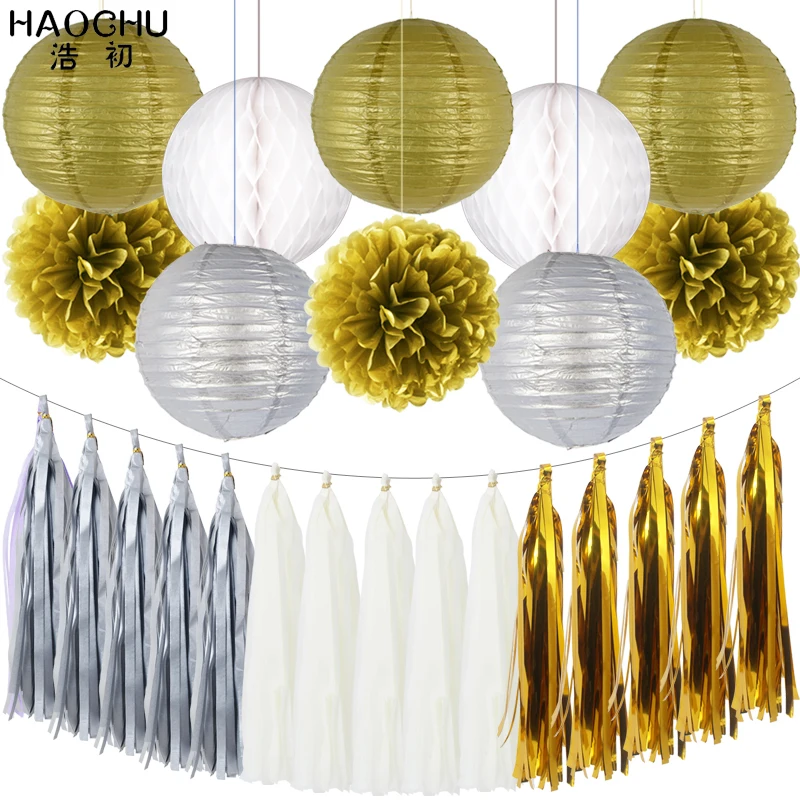 25pcs/set Gold White Round Hanging Paper Ball Lanterns Honeycomb Tissue Pom Poms Tassel Birthday Wedding Theme Party Decorations