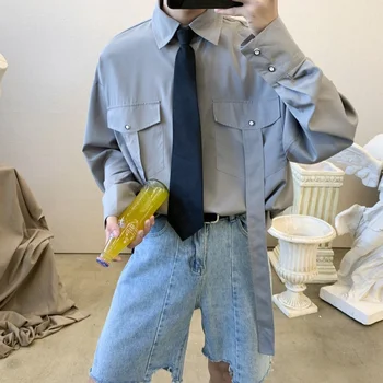 

Men's shirt 2020 spring and summer new handsome ribbon solid color long-sleeved shirt youth personality fashion men's clothing