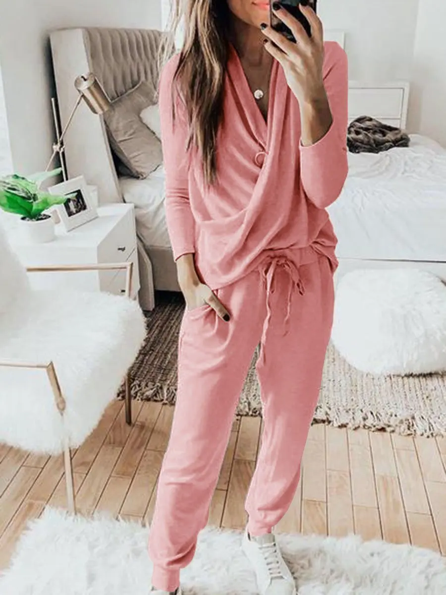 

Two Piece Set Women Fashion 2020 New Sports Leisure Suit Long Sleeve Trousers Female V-neck Simple Natural Street Suit Autumn
